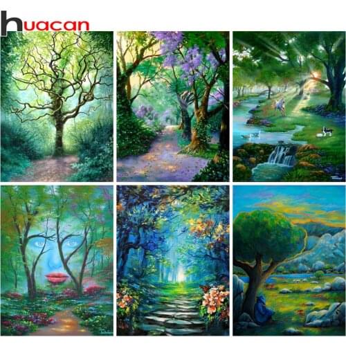 Huacan 5d Diamond Painting Full Drill Forest Scenery Home Decor Diamond Embroidery Mosaic Fantasy Tree Landscape Wall Stickers