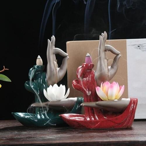 Backflow Lotus Incense Burner Ceramic Waterfall Buddha Hand Censer Decoractive Incense Holder Sandalwood Censer Craft Home Decor