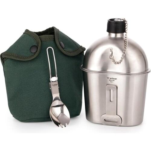 Household us Stainless Steel Army Water Cup Military Canteen Cup Hiking Arm Kettle/Bottle and Spork set with Green Nylon Cover