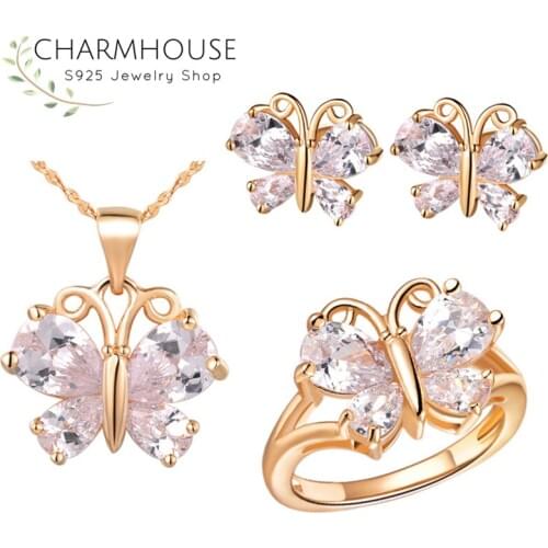 Charmhouse Yellow Gold/ Silver Color Jewelry Set Zirconia Butterfly Ring Earrings Necklace 3pcs Wedding Jewelry Accessories