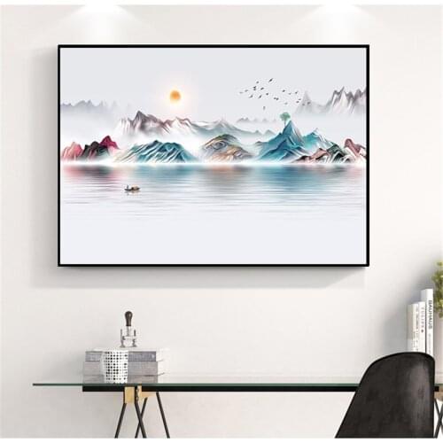 Ink Painting Landscape Mountain Lake Poster Canvas Print Painting Wall Art Living Room Home Decoration