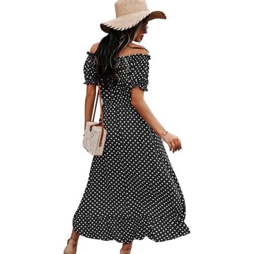 Womens Off Shoulder Dress Spliting Short Sleeve Wave Dot High Waist Flowy Dress for Party Beach Summer TT@88