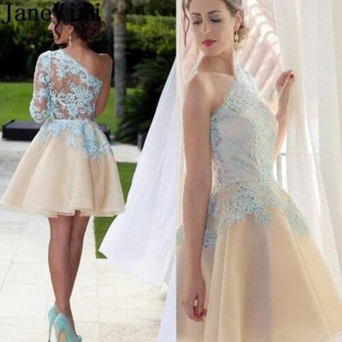 JaneVini Champagne Short Homecoming Dresses One Shoulder White Lace Half Sleeves Above Knee Party Gown vestido cocktail elegante