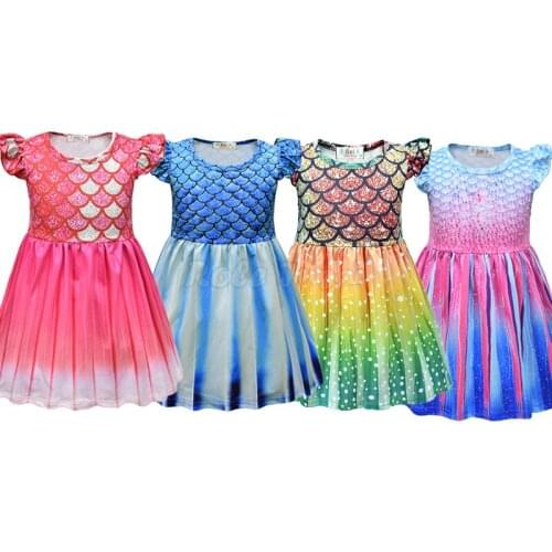 2-8 Y Girls Cosplay Mermaid Fish Scale Colorful Printed Dress Summer Lovely Flying Sleeve Kids Dresses C27M255