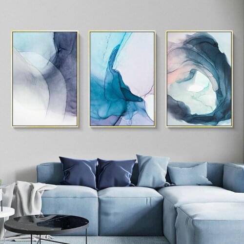 Wall Art 3pcs Watercolor Bloom Blue Ink Modern Abstract Canvas Painting Nordic Pictures for Living Room Print Poster Home Decor