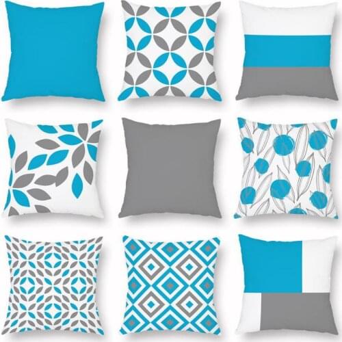 Modern And Simple Blue Gray Pillow Case Small Fresh Leaf Petal Print Plush Cushion Cover Geometric Square For Living Room Sofa