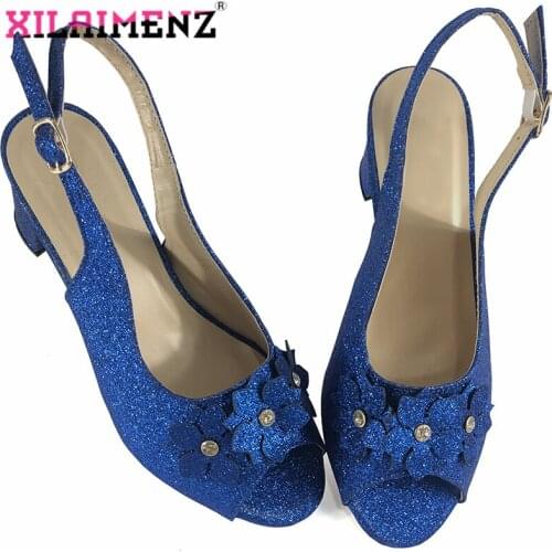 Latest Design Italian Royal Blue Low Heel Pumps Shoes For Wedding 2020 New Coming Elegant Ladies Sandals with Flower Size 38-43