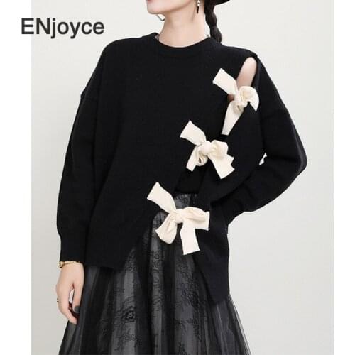 Autumn Winter Fashion Multi Bowknots Black Sweater Women Long Sleeve Pullovers Korean Style Retro Knitted Clothing Oversized