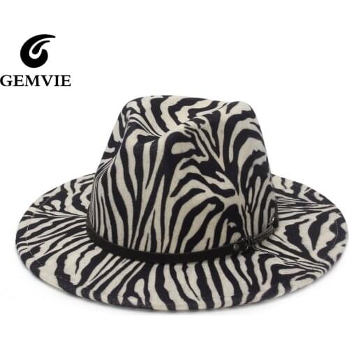 GEMVIE 2021 New Fashion Zebra Fedora Hat For Women Wide Brim Wool Felt Hat For Men Panama Style Jazz Cap Gamble