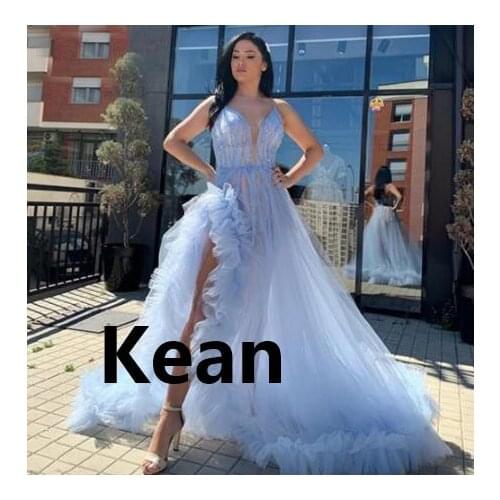 High Slit Illusion Evening Dresses Sky Blue Tulle Dubai Arabic Saudi Arabian Prom Dress Custom Boho Prom Gown