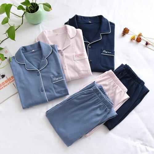 Japanese new autumn and winter pure cotton couple pajamas suit spring and autumn womens long-sleeved simple home service men