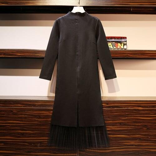 Plus Size 2 Piece Women Set 2020 New Turtleneck Long Sleeve Split Long Dresses And Elastic Waist Pleated Mesh Skirts L-5XL