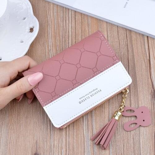 2021 Women Short Wallet Patchwork Small Zipper Coin Purse Checked Embossed Tassel Wallets Cute Simple Card Holder Mini Money Bag