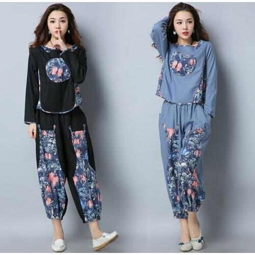 Vintage Fall Two Piece Women Outfits Loose Casual WomenS Tracksuits Cotton Linen Women 2 Piece Set Top And Pants Clothes AA4634