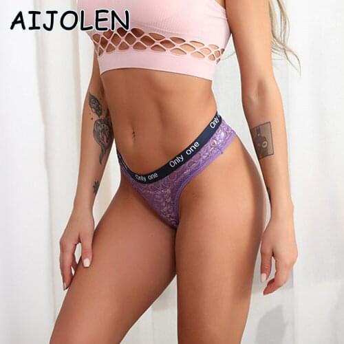 AIJOLEN Sexy Fashion Letter Flower Underwear Solid Color Hollow Lace Underpants Thin Section Breathable Soft Ladies Thong