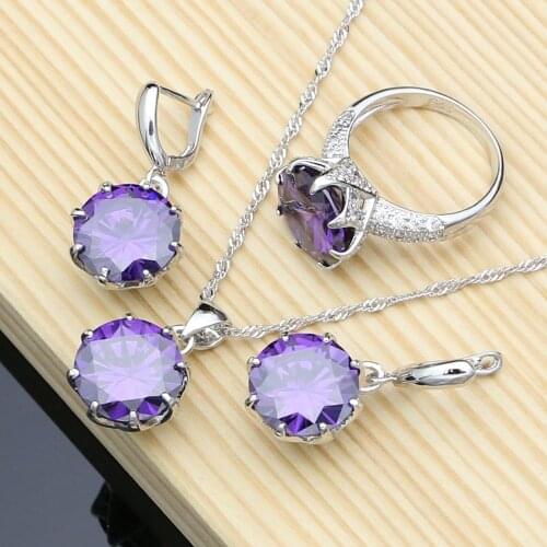 Big Purple Zircon White Birthstones Jewelry Sets 925 Sterling Silver Jewelry Kit For Women Earring/Pendant/Ring/Necklace Sets