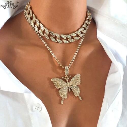 Statement Big Butterfly Lock Pendant Multilayer Necklace Rhinestone Chain for Women Tennis Chain Crystal Choker Necklace Jewelry