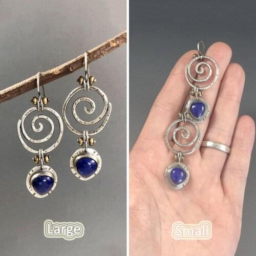 Gypsy Hollow Spiral Water Drop Earrings with Blue Stone Tribal Jewelry Whirl Meal Statement Dangle Earrings for Women