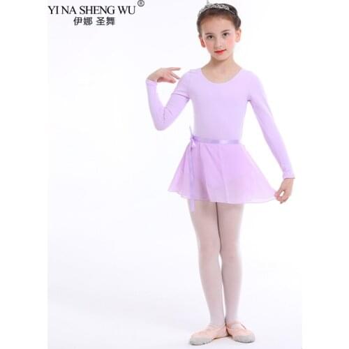 Kids Long Sleeve Cotton Tulle Tutu Girls Ballet Dance Leotard Dress for Performance Dancewear Clothes with Chiffon Tied Skirt