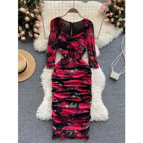 Women Floral Draped Party Bodycon Dress Spring Autumn High Quality Square Collar Long Sleeve High Waist Vestidos Female Robe New
