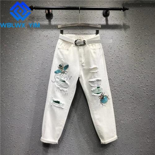 Spring Hole Jeans Women Sequins Patch Fashion High waist Denim Straight Pants Female Casual Loose Plus size Jeans Washed Jeans