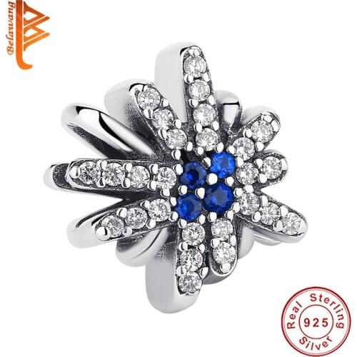 European 925 Sterling Silver Blue Crystals Radiant Snowflake Charms Beads fit Charm Bracelet Necklace DIY Jewelry Making