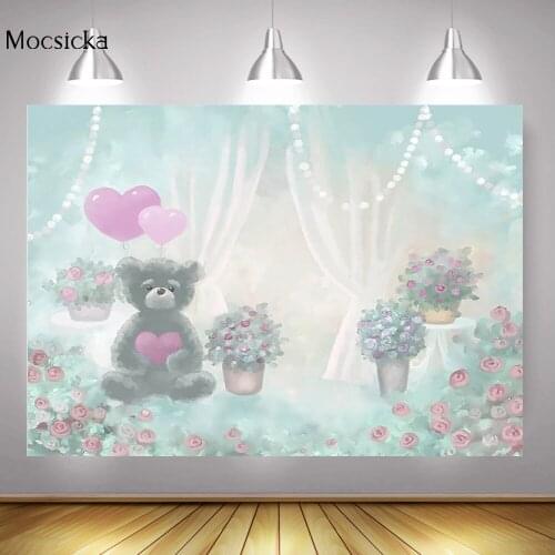 Valentines Day Photography Bear Love Flowers Portrait Backdrop Floral Oil Painting Children Birthday Background White Curtain
