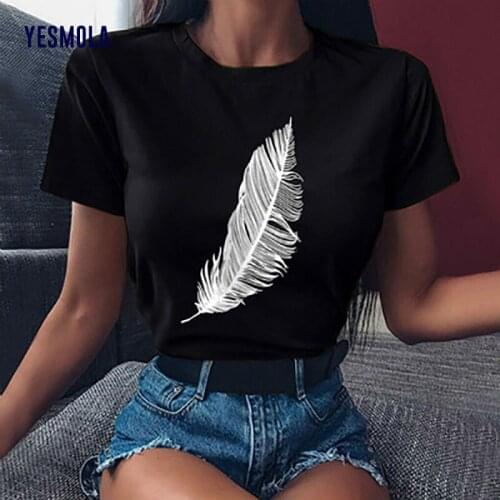 YESMOLA Women Graphic Feather Printing Fashion 2021 Lady Clothes Tops Tees Harajuku 90s Loose O-neck Short Sleeve Female Tshirt
