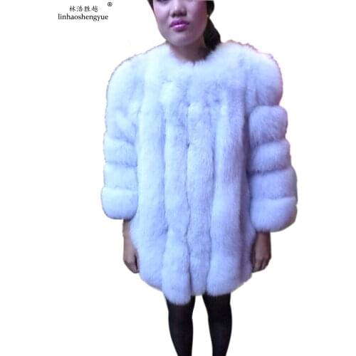 Linhaoshengyue Long 75cm Blue Fox Fur Red Long-Sleeved Black Jacket