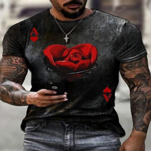 Mens O-neck short-sleeved T-shirt slim suitable for card printing cotton pullover casual red heart rose printing 2021