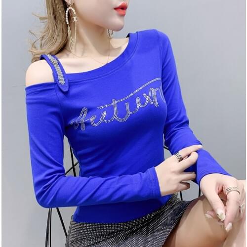 2019 Autumn New Korean Version of The Self-cultivation of The Ocean Shoulder Oblique Hot Drilling Bottoming T-shirt Tops