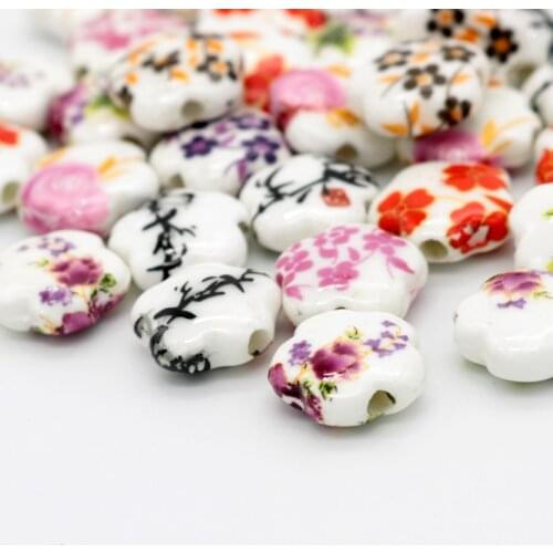 New 15*6mm flat flower print Ceramics Beads Mixed Color Flower Pattern for jewelry DIY accessories For Jewelry Making 10 pcs