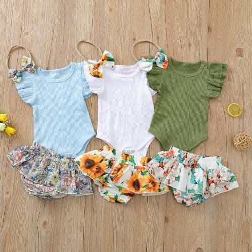 0-24M Baby Girl’s Clothes Fresh Solid Color Fly Sleeve Comfortable Romper and Flower Short Pants with Headband