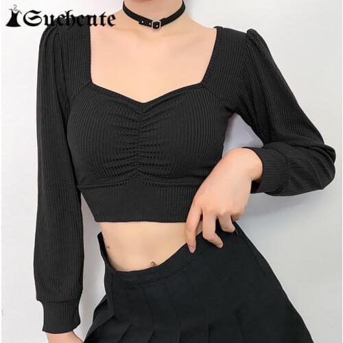 SUCHCUTE Solid Color Womens T-Shirt Long Sleeve Casual Basic Knitting Shirt 2021 Korean Fashion Streetwear Skinny Crop Tops