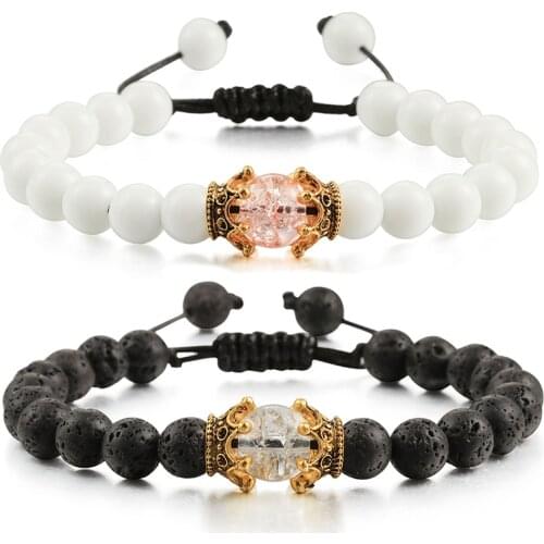 Couple Crown Handmade Bracelets Lava Stone Smooth Beads Braided Bracelets Charm Men Women Bangles Rope His and Hers Jewelry Gift