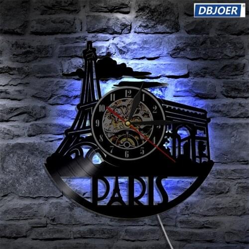 Paris City LED Vinyl Clock Lighting Color Change Wall Light Remote Controller Modern Backlight Cool Living Room Interior