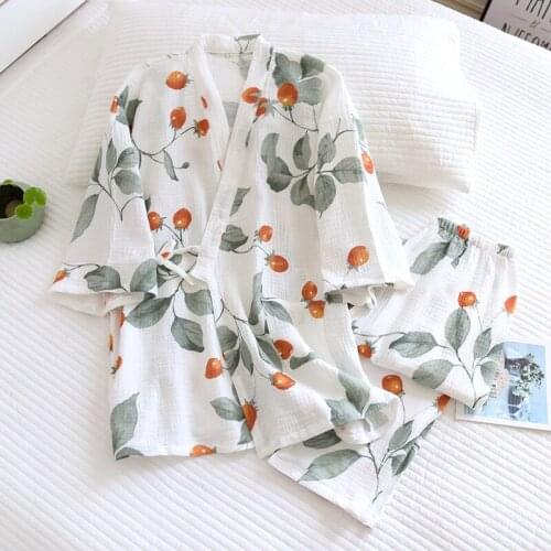 Spring/Summer 2021new Japanese Kimono Ladies Cotton Pajamas Two-piece Three-quarter Sleeve Trousers Loose Home Service Set Woman