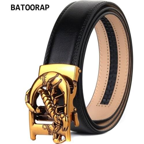 BATOORAP Mens Black Genuine Leather Belt Fashion Letter D Scorpion Gold Alloy Buckle Jeans Waist Strap Male Luxury Belts BAD569