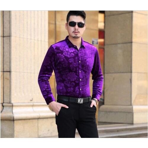 Free Shipping New Design 2016 Men Autumn Fashion Floral Long Sleeve Shirts Business Casual Male Gold Velvet Flowers Dress Shirt