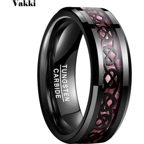 VAKKI Plating Black Tungsten Steel Ring Wedding Bands Black Heart Pattern Pink Carbon Fiber Ring for Men Size 7-12 Jewelry Gift