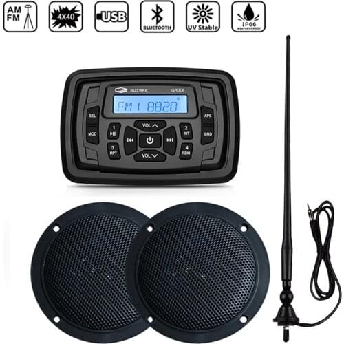 Waterproof Marine Stereo Boat Bluetooth Radio Audio Receiver MP3 Player+4inch Marine Speakers For RV ATV Golf Cart+AM FM Antenna