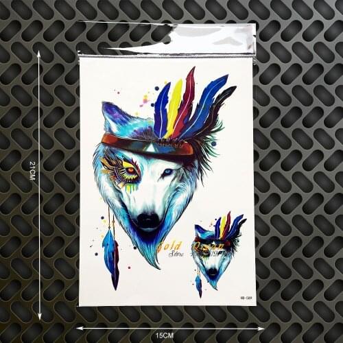 Wolf Design Waterproof Henna Tattoo Removable Flash Sexy Tattoo Sticker WOmen Men 21x15CM Large Body Arm Totem Dog Feather Tatoo