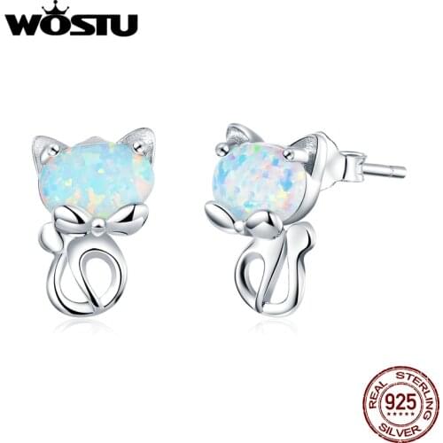 WOSTU Authentic 925 Sterling Silver Cute Cat Opal Stud Earrings For Women Lovely Small Earrings Wedding Jewelry Gift CQE828