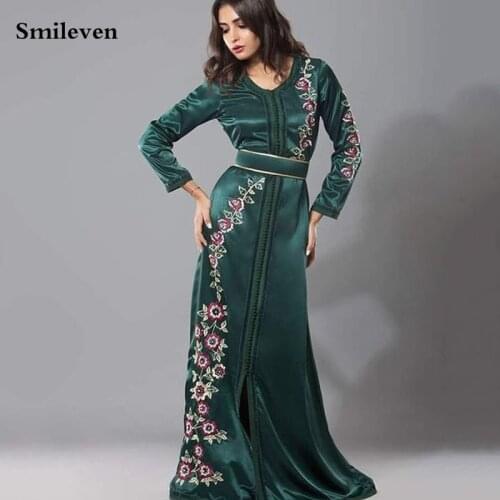 Smileven Hunter Green Embroidery Moroccan Kaftan Evening Dress Long Sleeve V neck Muslim Party Dress Middle East Prom Party Gown