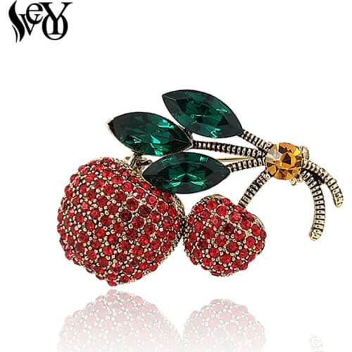 VEYO Red Cherry Rhinestone Crystal Brooches for Woman Fashion Jewlery Scarf Pin Costume Jewelry