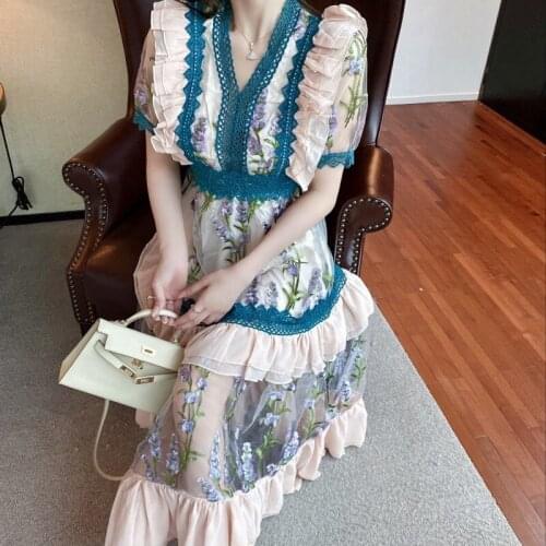 Women Summer Lace Mesh Embroidery Party 2021 New Fashion Elegant V-Neck Office Work Tulle Ruffles Cake Patchwork Dresses
