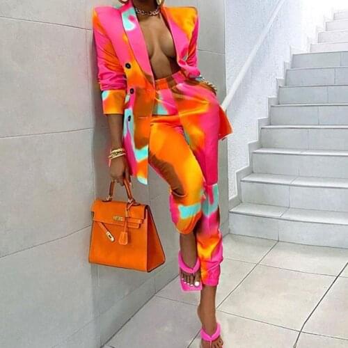 Za Long Sleeve Coat Elastic Waist Pant Two Piece Set Fashion Print Autumn Casual Suit 2021 Elegant Streetwear Women Suit