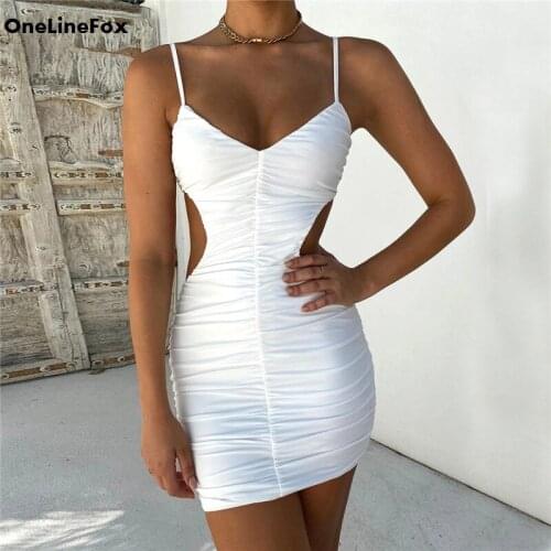 OneLineFox Sexy Womens Dress Summer V Neck Spaghetti Strap Mini Short Wrap Ruched Clubwear White Black Bodycon Dress For Women