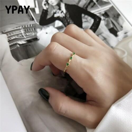YPAY Green Zircon Gold Twist Open Rings For Women Korea Trend 100% 925 Sterling Silver Braided Finger Ring Jewelry Bague YMR872