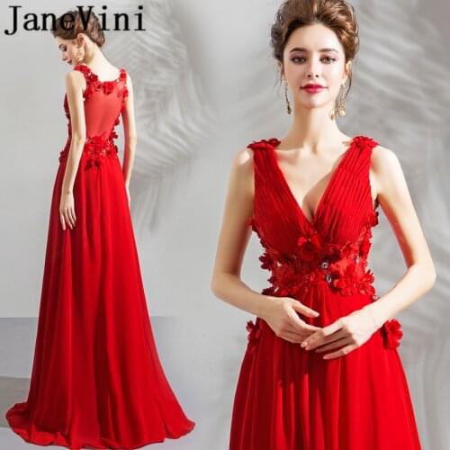 JaneVini Red Chiffon Mother of the Bride Dresses A Line Sexy Deep V Neck Hand Made Flowers Pearls Sheer Back Robe Longue Rouge